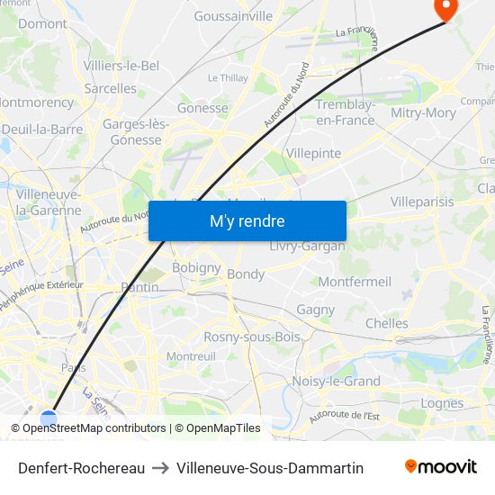 Denfert-Rochereau to Villeneuve-Sous-Dammartin map