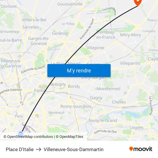 Place D'Italie to Villeneuve-Sous-Dammartin map