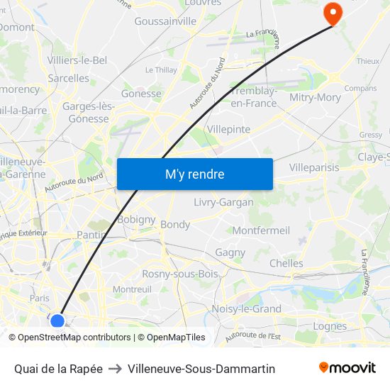 Quai de la Rapée to Villeneuve-Sous-Dammartin map