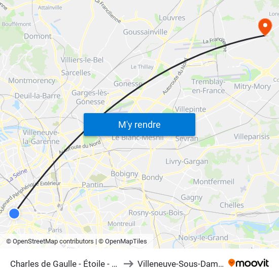 Charles de Gaulle - Étoile - Wagram to Villeneuve-Sous-Dammartin map