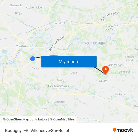 Boutigny to Villeneuve-Sur-Bellot map