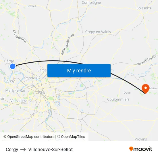 Cergy to Villeneuve-Sur-Bellot map