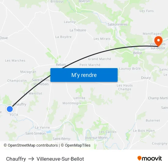 Chauffry to Villeneuve-Sur-Bellot map