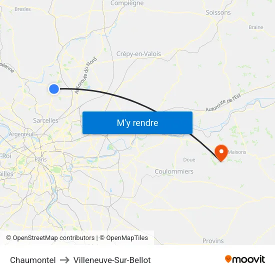Chaumontel to Villeneuve-Sur-Bellot map