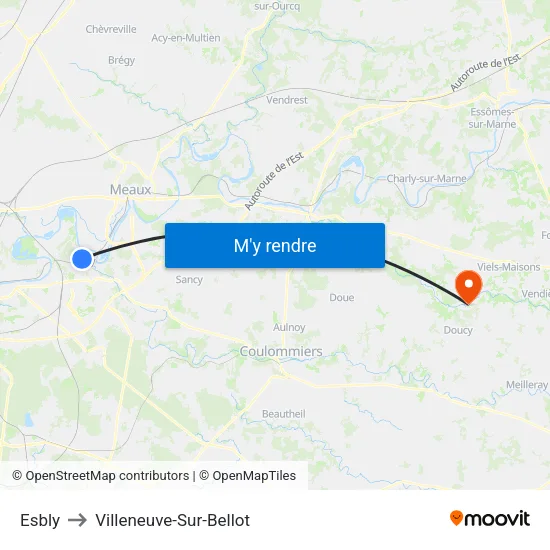 Esbly to Villeneuve-Sur-Bellot map