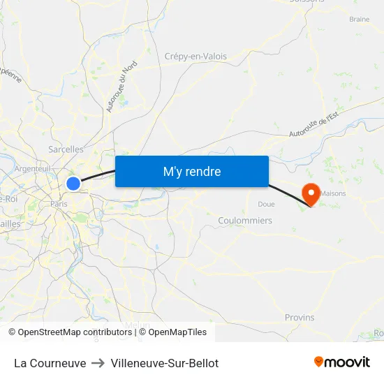 La Courneuve to Villeneuve-Sur-Bellot map