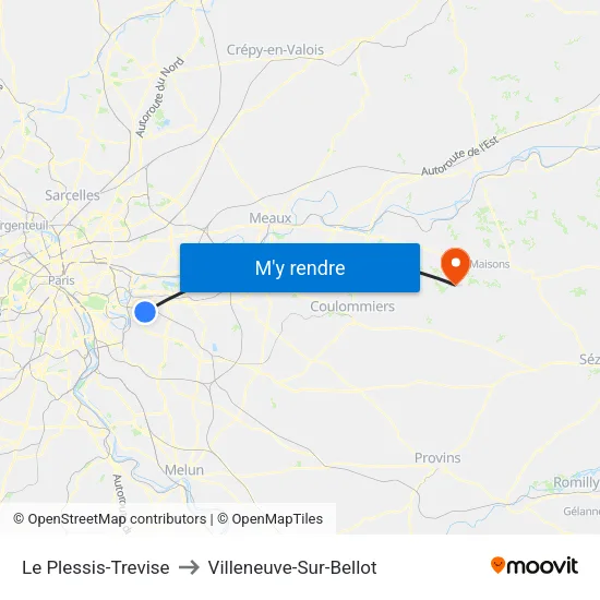 Le Plessis-Trevise to Villeneuve-Sur-Bellot map