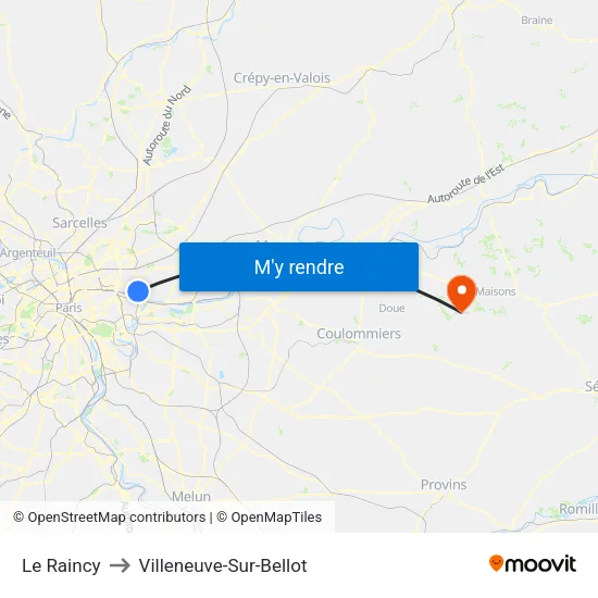 Le Raincy to Villeneuve-Sur-Bellot map