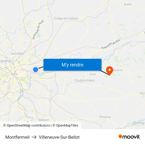 Montfermeil to Villeneuve-Sur-Bellot map