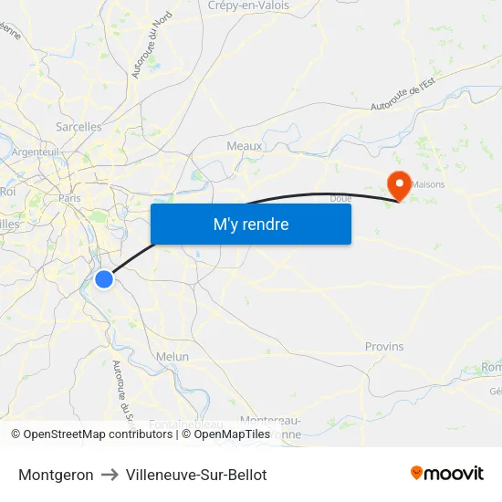 Montgeron to Villeneuve-Sur-Bellot map