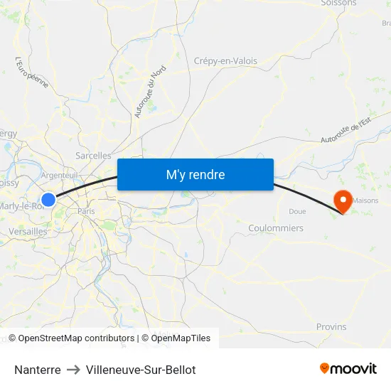 Nanterre to Villeneuve-Sur-Bellot map