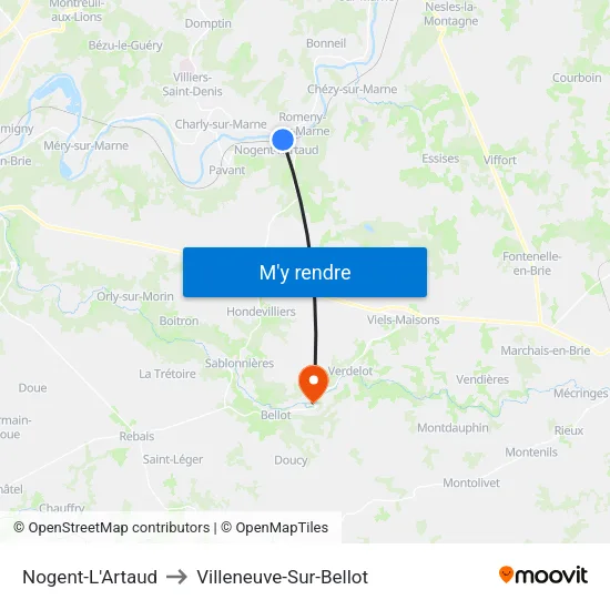 Nogent-L'Artaud to Villeneuve-Sur-Bellot map