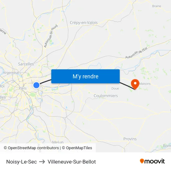 Noisy-Le-Sec to Villeneuve-Sur-Bellot map