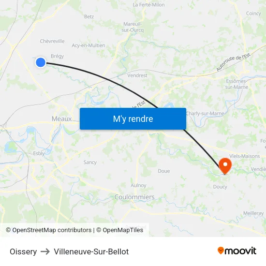 Oissery to Villeneuve-Sur-Bellot map