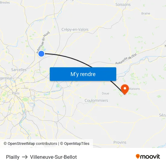 Plailly to Villeneuve-Sur-Bellot map