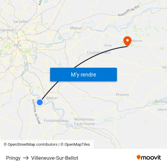 Pringy to Villeneuve-Sur-Bellot map