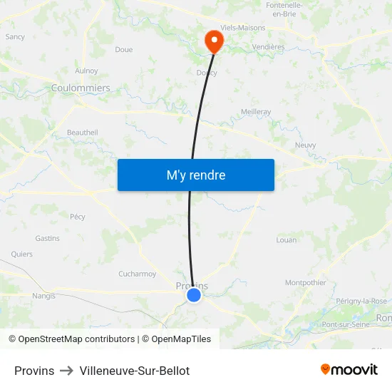 Provins to Villeneuve-Sur-Bellot map