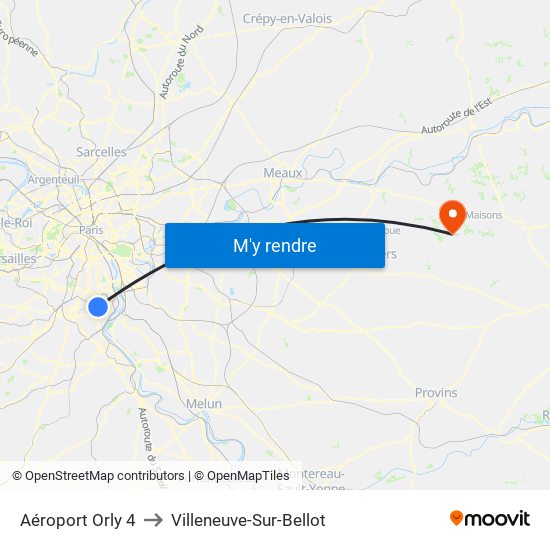 Aéroport Orly 4 to Villeneuve-Sur-Bellot map