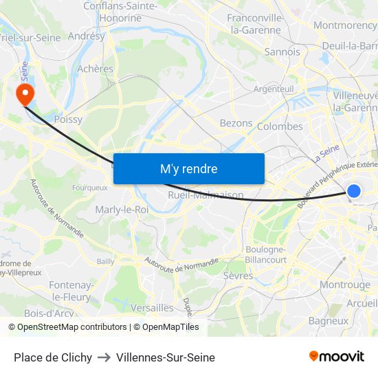 Place de Clichy to Villennes-Sur-Seine map