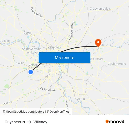 Guyancourt to Villenoy map