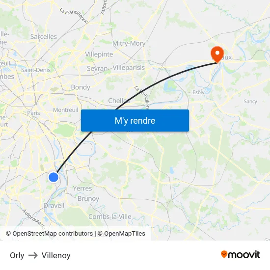 Orly to Villenoy map