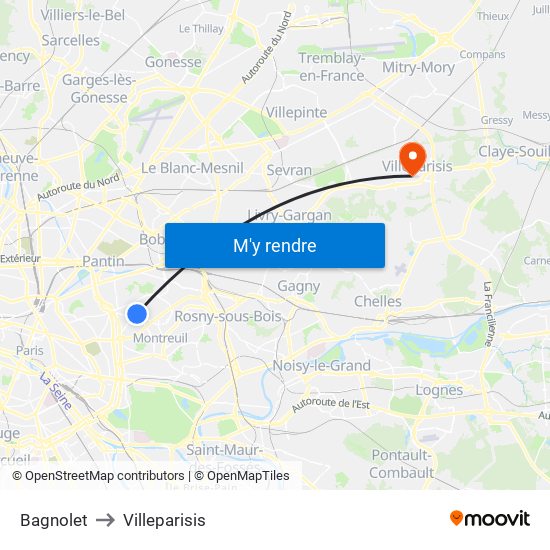 Bagnolet to Villeparisis map