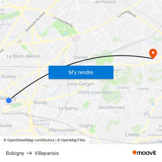 Bobigny to Villeparisis map