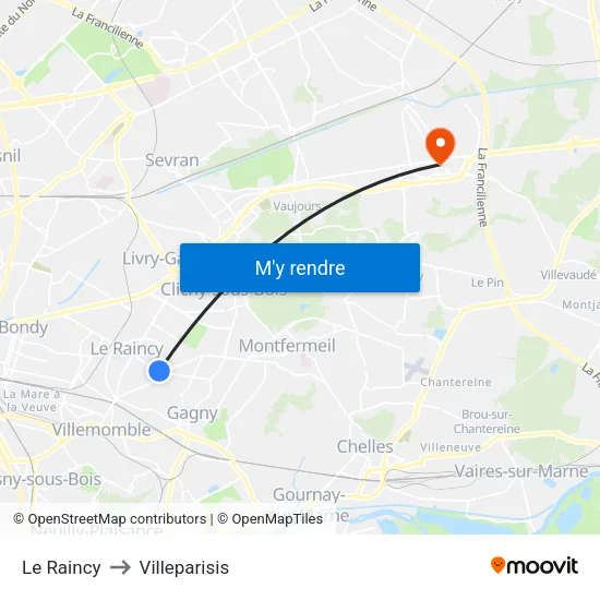 Le Raincy to Villeparisis map