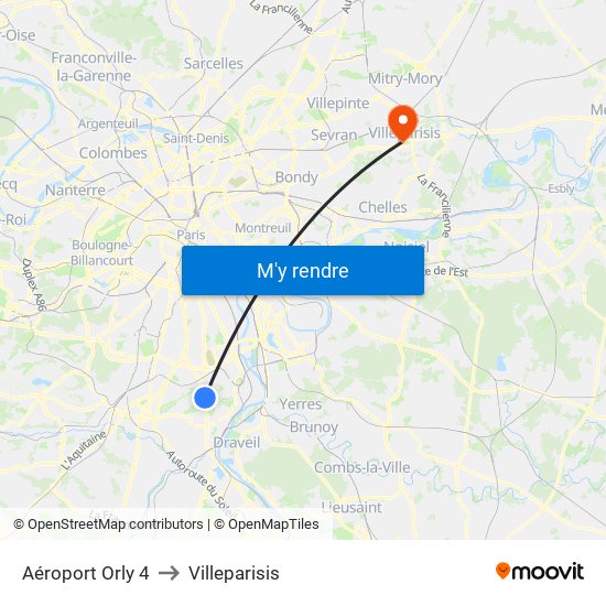 Aéroport Orly 4 to Villeparisis map