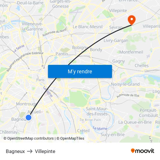 Bagneux to Villepinte map