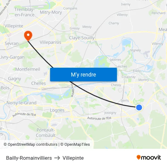 Bailly-Romainvilliers to Villepinte map