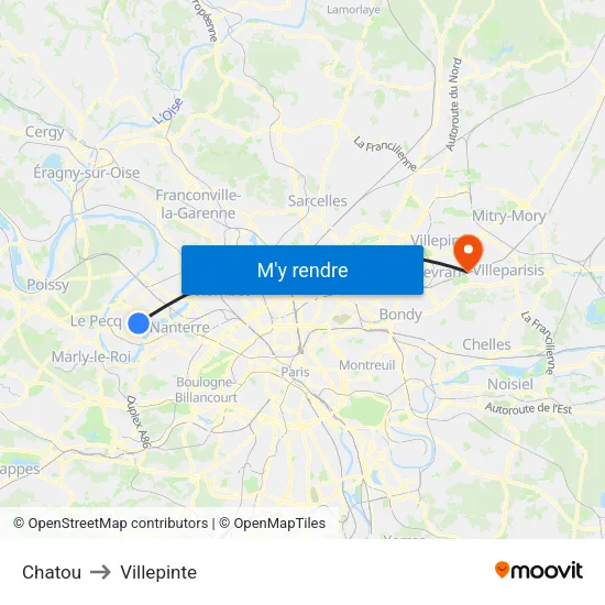 Chatou to Villepinte map