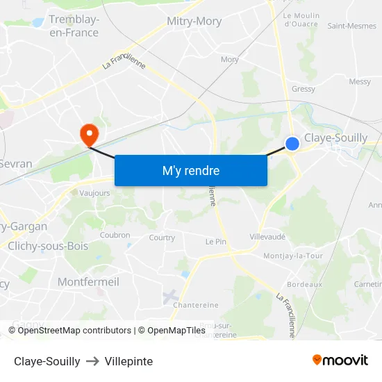 Claye-Souilly to Villepinte map