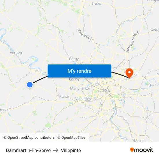 Dammartin-En-Serve to Villepinte map