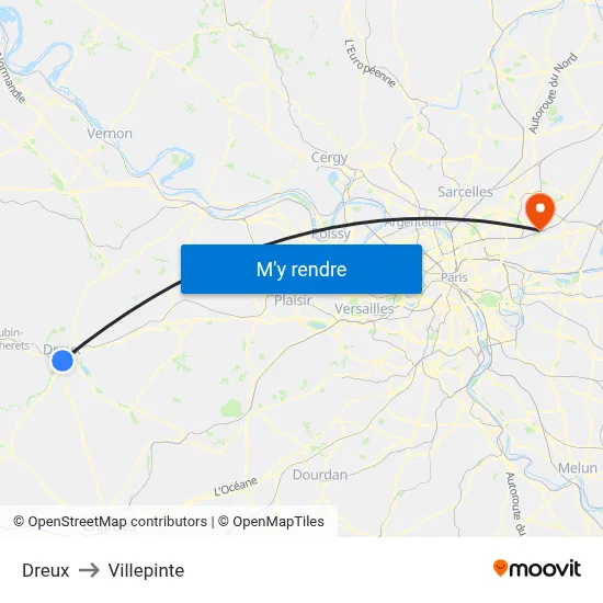 Dreux to Villepinte map