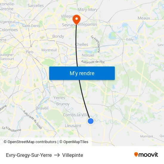 Evry-Gregy-Sur-Yerre to Villepinte map