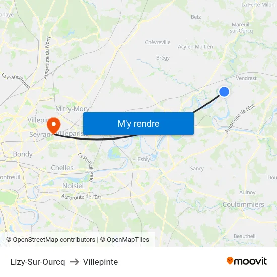 Lizy-Sur-Ourcq to Villepinte map