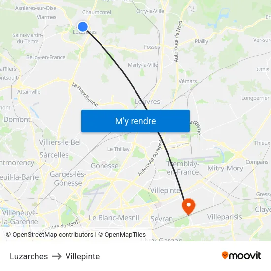 Luzarches to Villepinte map