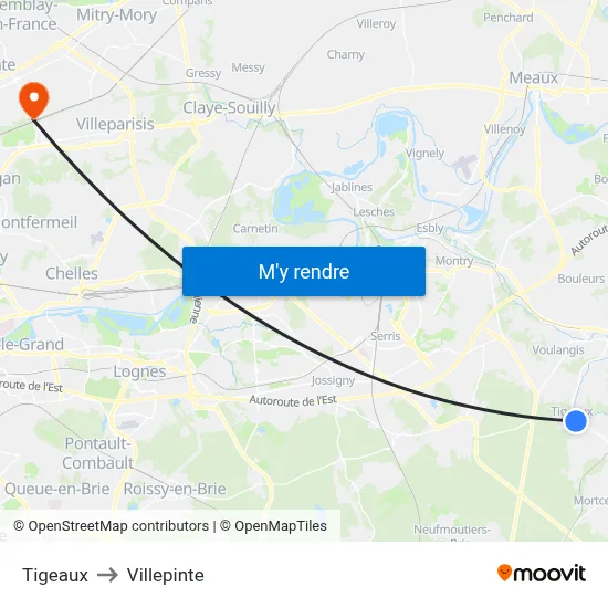 Tigeaux to Villepinte map