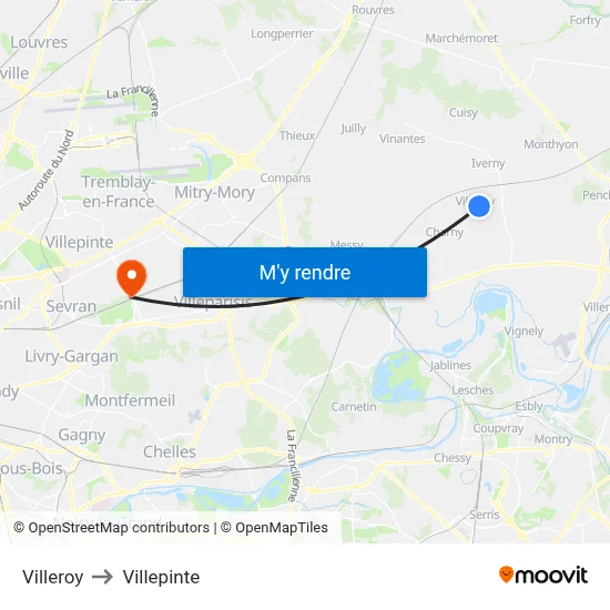 Villeroy to Villepinte map