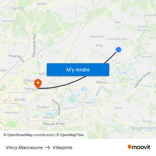 Vincy-Manoeuvre to Villepinte map