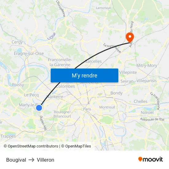 Bougival to Villeron map