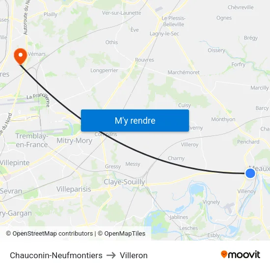 Chauconin-Neufmontiers to Villeron map