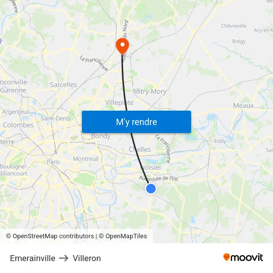 Emerainville to Villeron map