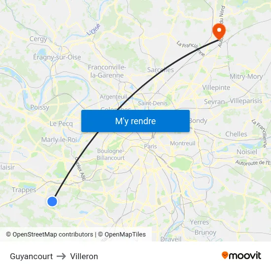 Guyancourt to Villeron map