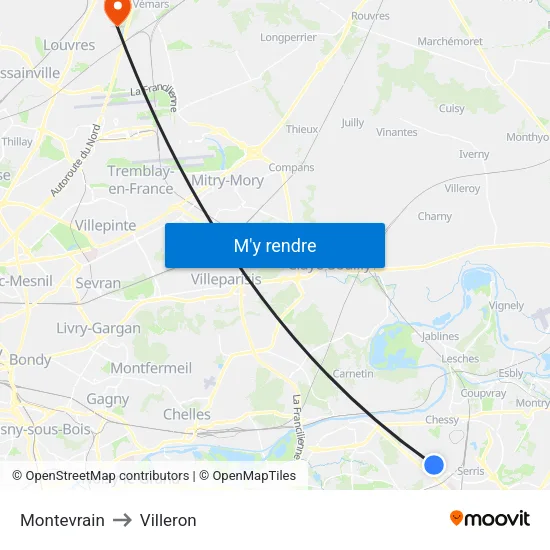 Montevrain to Villeron map