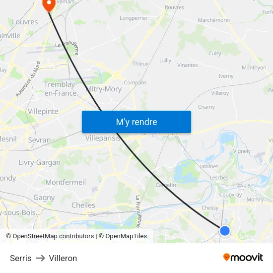 Serris to Villeron map