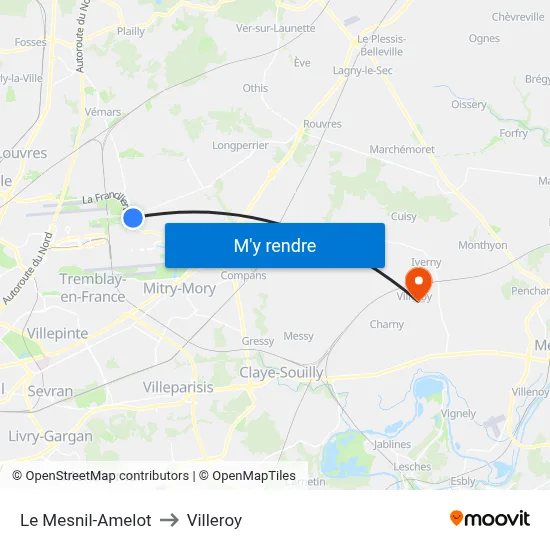 Le Mesnil-Amelot to Villeroy map