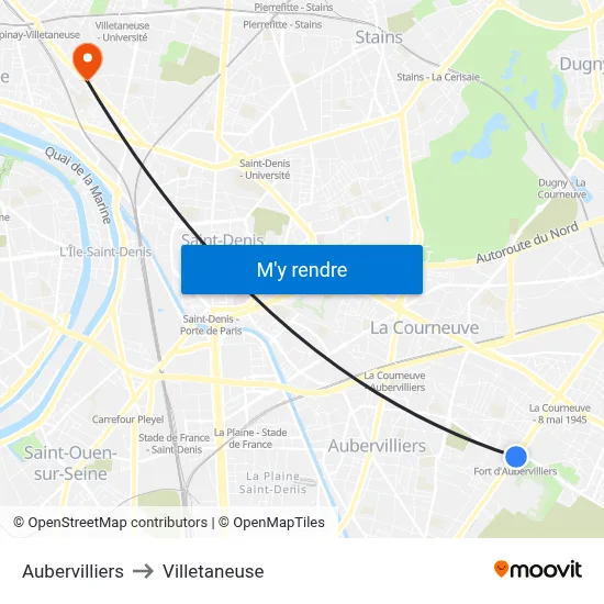 Aubervilliers to Villetaneuse map
