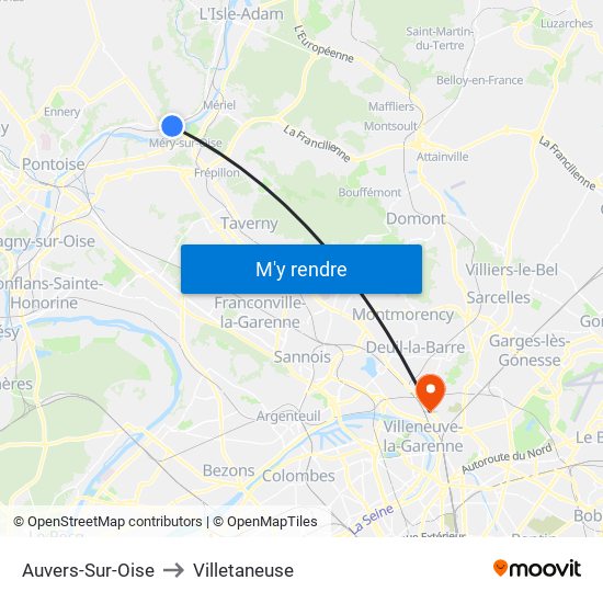 Auvers-Sur-Oise to Villetaneuse map